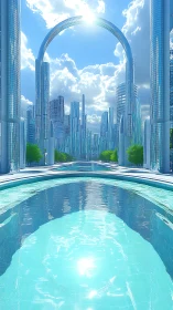 Futuristic glass city skyline with central water plaza.