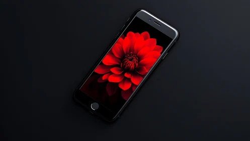 Smartphone display features red dahlia flower on dark background