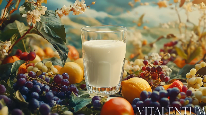 Inviting glass of milk among colorful summer fruits.