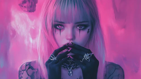 Gothic cyber siren in neon pink haze, jeweled gaze poised.