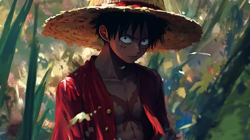 Straw hat warrior glares through lush painted jungle light.
