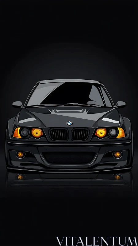 Midnight black BMW front view with glowing amber lights.
