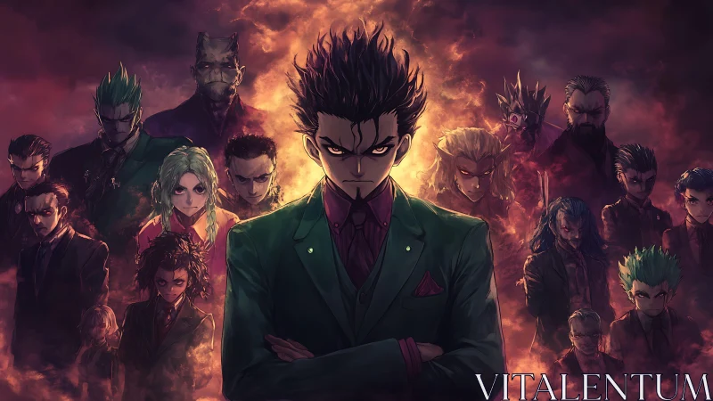 Central suited antihero before ominous fiery ensemble lineup.