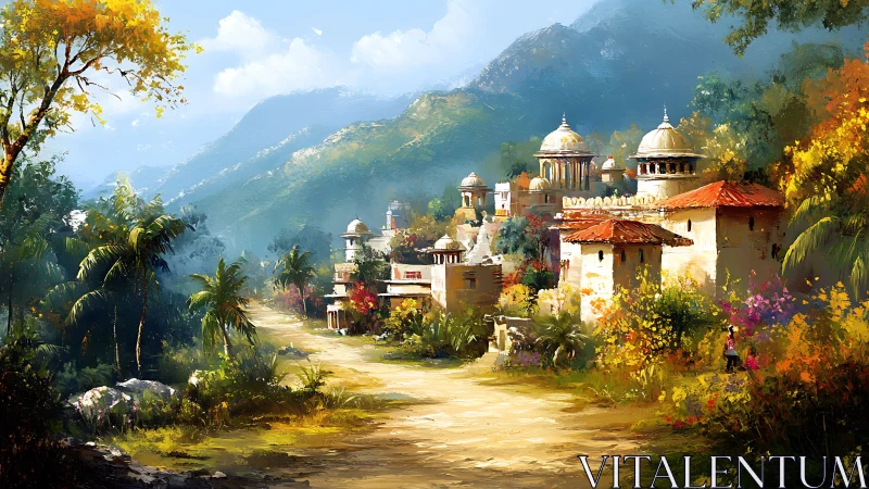 Sunlit hill road strolls past domed mountain palaces