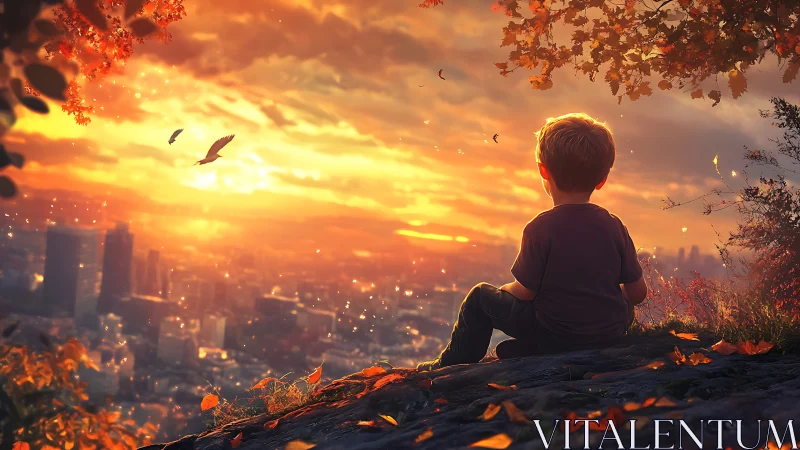 Child on autumn hillside observing luminous city sunset