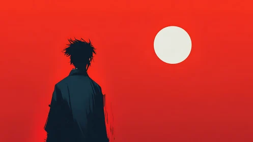 Solitary silhouette studies a pale sun on burning sky