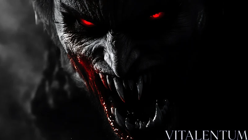 Demonic predator portrait with red eyes and bloodstained fangs.