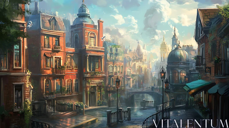 Sunlit canal cityscape with neo‑classical brick architecture.
