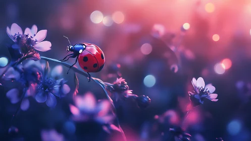Dreamlit ladybug macro on neon meadow flora composition.
