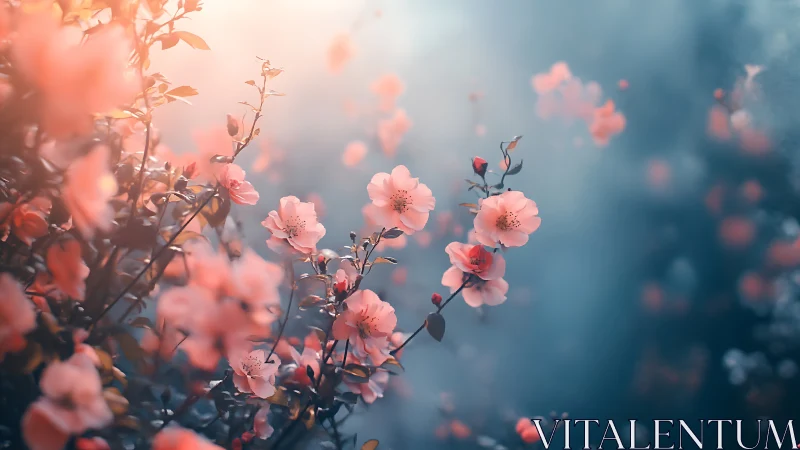 Pink Flowers Against Blue Background with Soft Focus