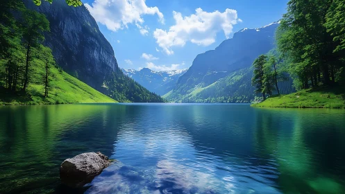 Mountain lake reflects vivid green slopes beneath clear skies