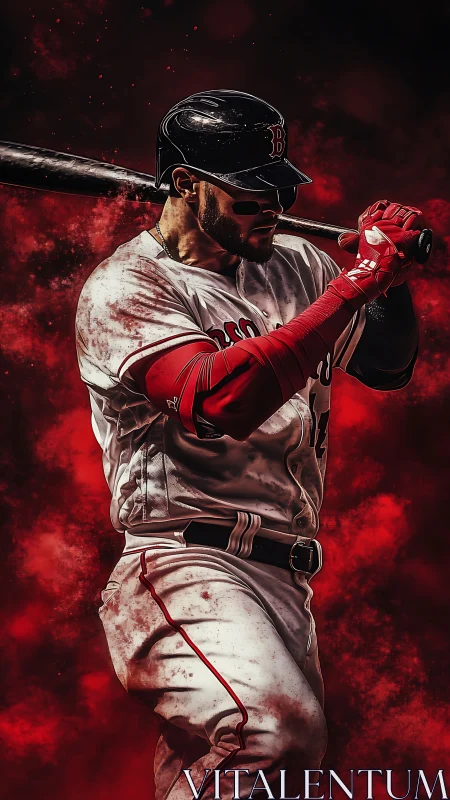 Crimson storm slugger poised in fiery batter’s box glow.