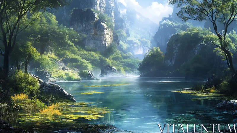 Verdant river canyon under diffuse morning backlight.