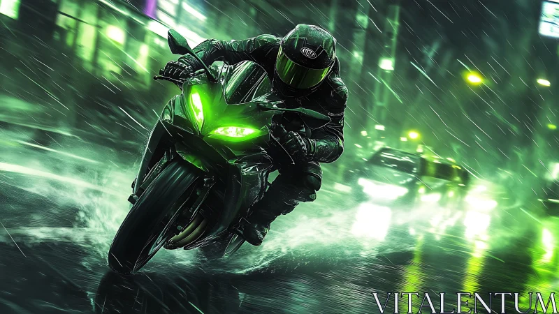 Neon street rider carving wet asphalt in cinematic rainstorm.