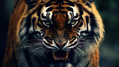 Roaring Bengal tiger in cinematic low-key portrait lighting.