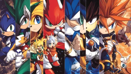 Dynamic anthropomorphic heroes in segmented anime composition.