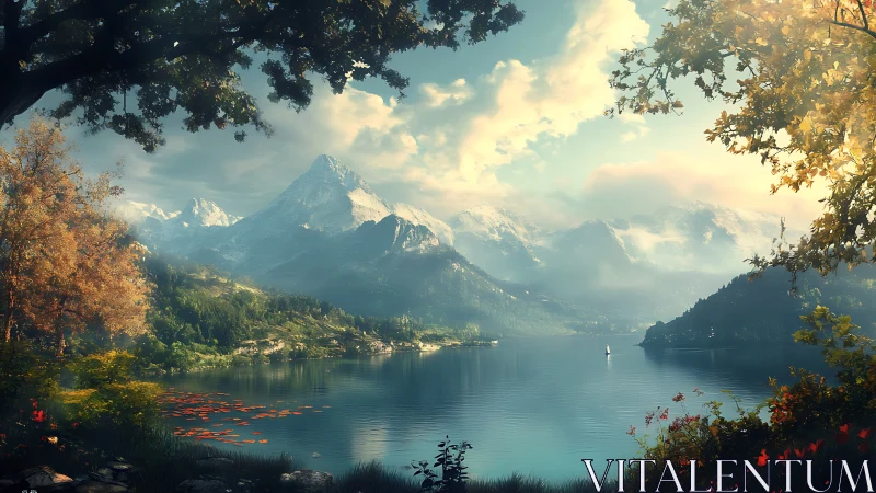 Sunlit alpine lake with sailboat and misty snow peaks.