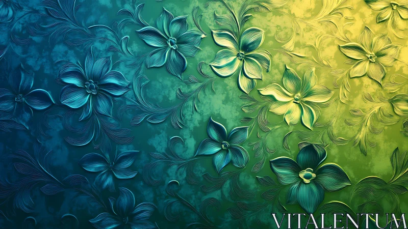 Embossed teal and golden floral relief in gradient light.