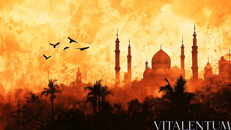 Islamic Architecture Silhouette Against Golden Desert Sky.