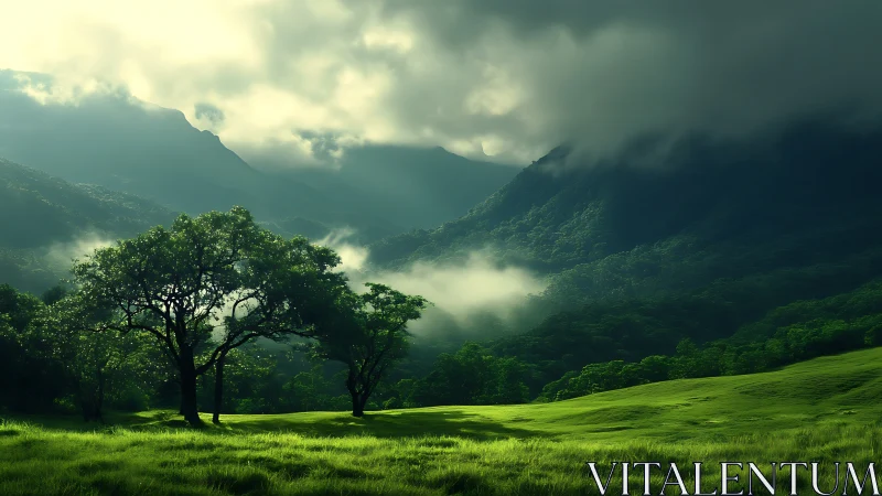 Mistlit emerald valley under brooding mountain clouds.