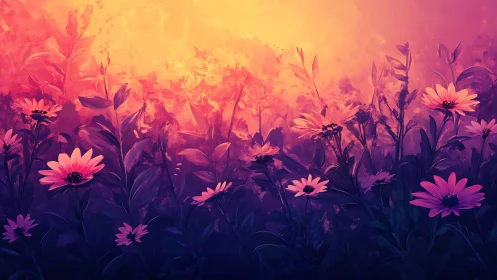 Floral field rendered with gradient color transition from warm to cool tones