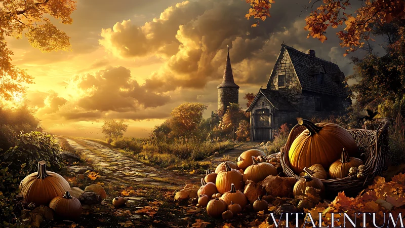 Cinematic digital autumn landscape with pumpkins and cottage.