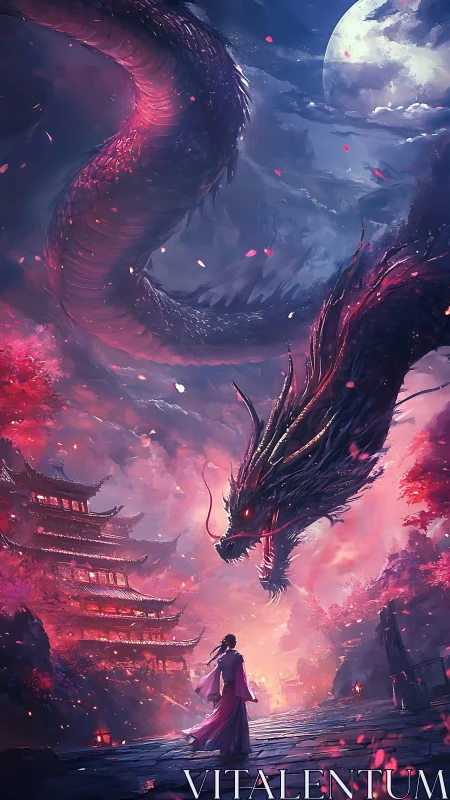 Moonlit dragon descent over crimson temple cityscape.