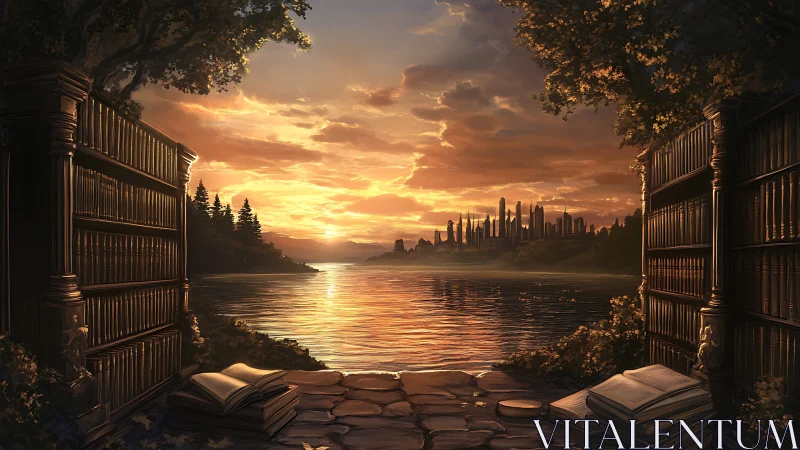 Digital painting of riverside archive framing a sunset cityscape.