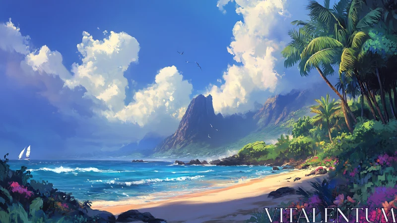 Tropical Beach Paradise With Volcanic Mountain.