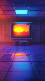 Neon sunset trapped in a lonely retro computer room screen.