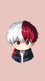 Chibi anime boy with split red and white hair on pink background.