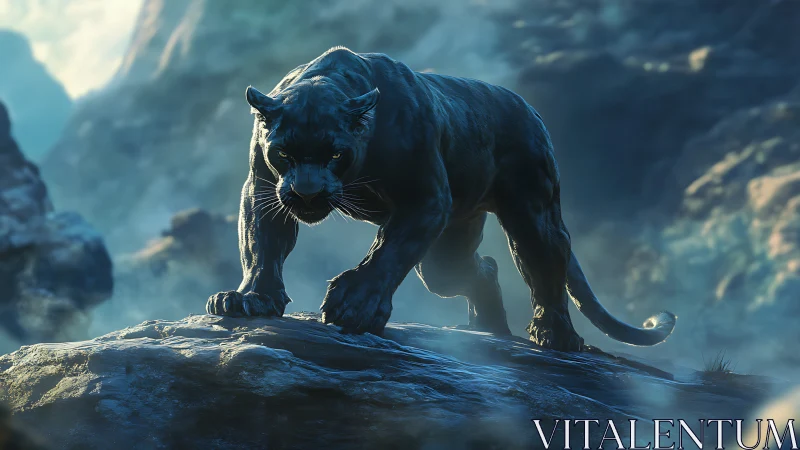 Black Panther on Rocky Outcrop with Volumetric Atmospheric Lighting.