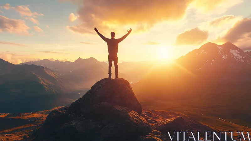 Person standing on mountain peak at bright sunset light.