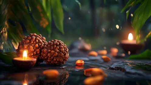 Candlelit nuts and seeds form a cinematic jungle still life