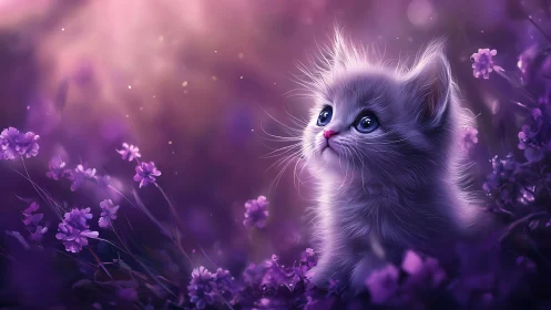 Ethereal Purple Kitten Surrounded by Lavender Blooms