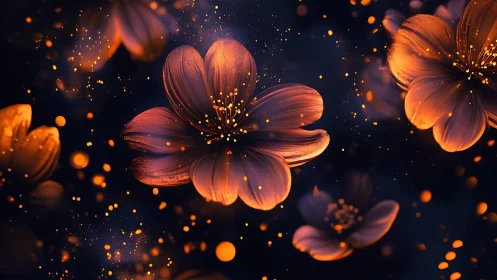 Glowing orange blossoms drift gently through a dreamy night sky