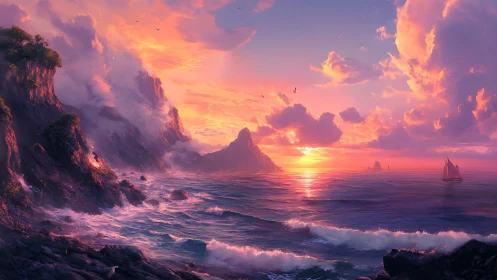 Radiant sunset paints dreamy cliffs and gentle ocean waves