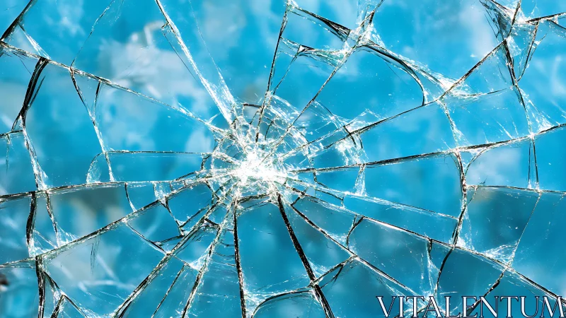 Shimmering cracked glass web against a bright blue sky.