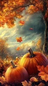Autumn field with pumpkins and falling maple leaves.