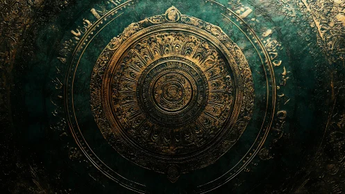 Ornate golden mandala seal on distressed emerald patina.