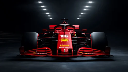 Front-on red Formula 1 race car under tunnel strip lighting