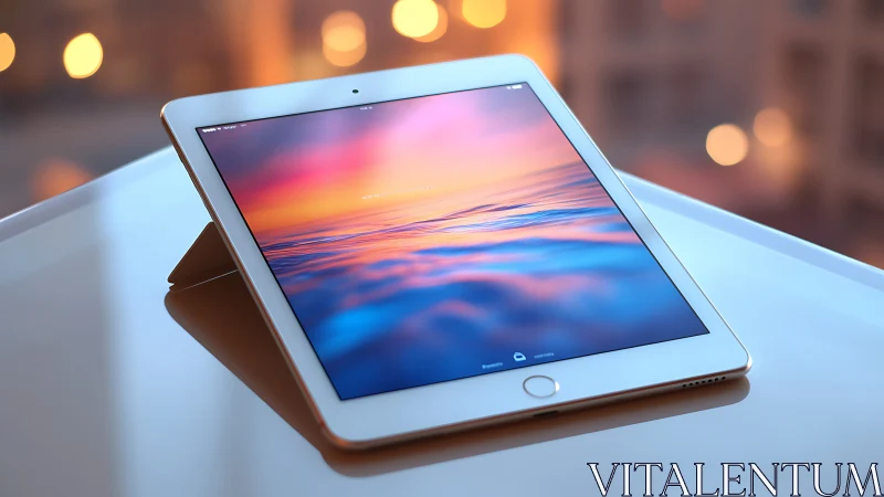 White iPad displaying sunset ocean wallpaper with warm bokeh background.