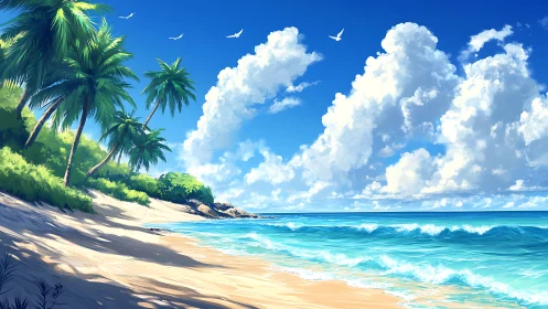 Tropical Coastal Scene with Palm Trees and Ocean.