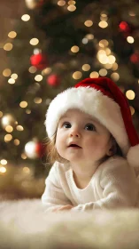 Photographic portrait of baby in Christmas bokeh setting.
