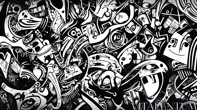 Abstract monochrome graffiti chaos with fragmented faces.
