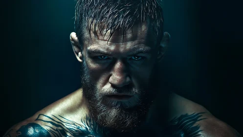 Intense male fighter portrait with beard and chest tattoos.
