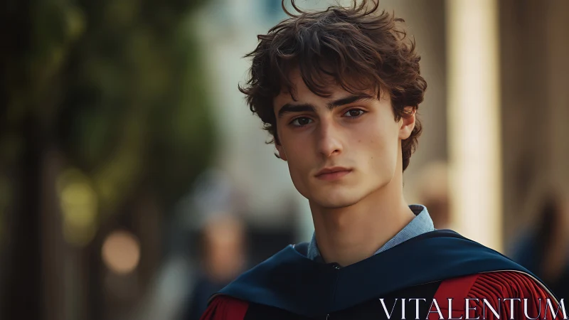 Quiet graduate holds steady gaze amid softened campus blur