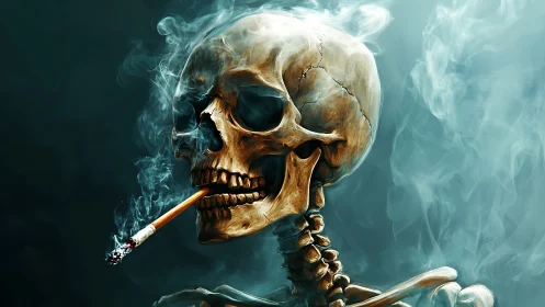 Laughing skeleton savors one last cigarette in swirling smoke