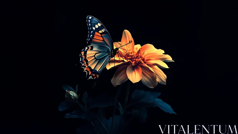 Macro-lit butterfly interfacing with dahlia under dark field.