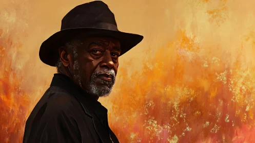 Elderly man in black coat gazes back against fiery sunset hues